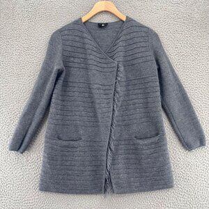 Talbots Sweater Womens Small Petite Gray Merino Wool Fringe Coatigan 3/4 Sleeve